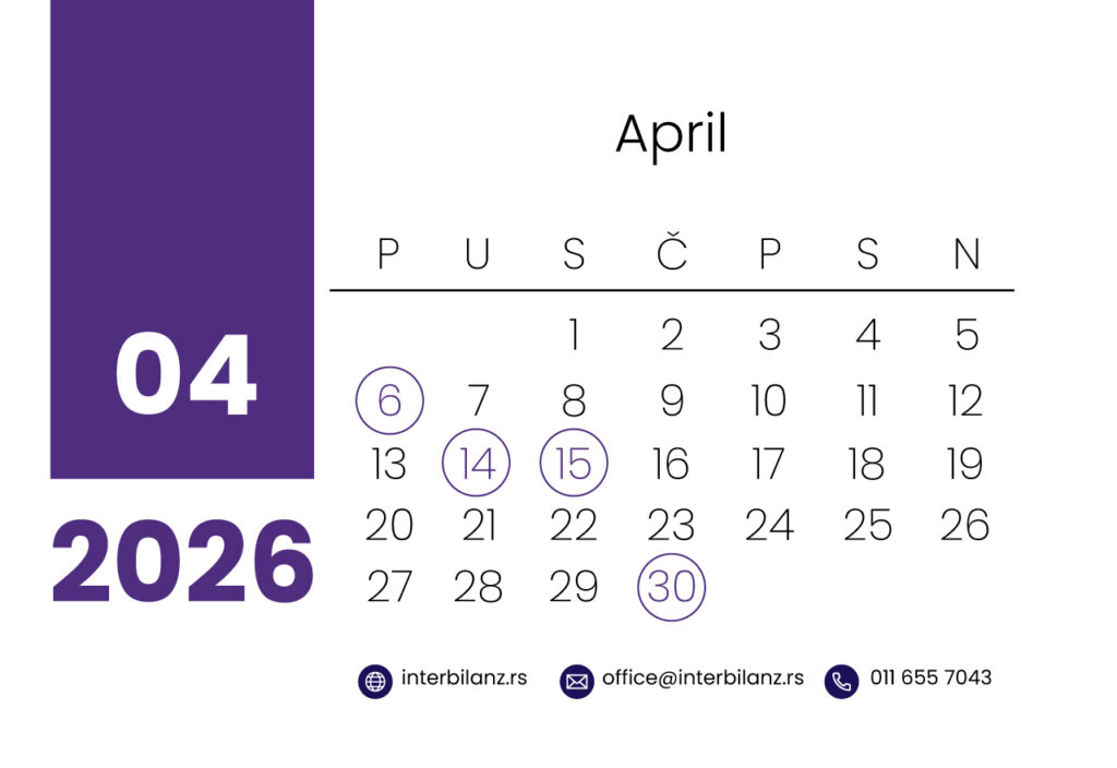 Spisak poreskih obaveza za april 2026