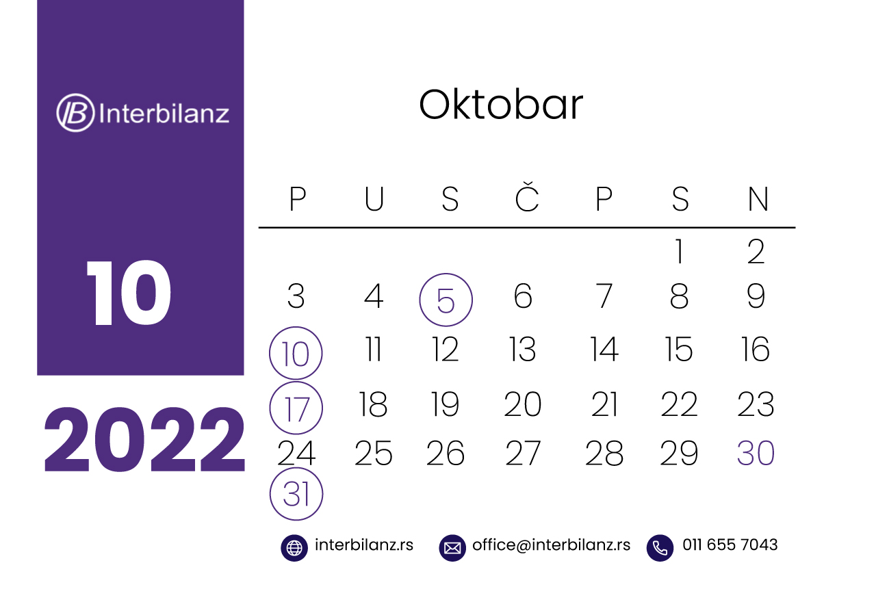 Poreski kalendar oktobar 2022