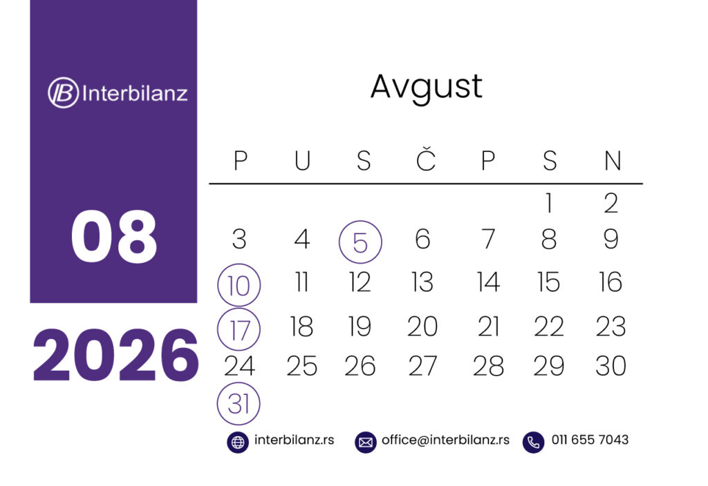 Poreski kalendar avgust 2026